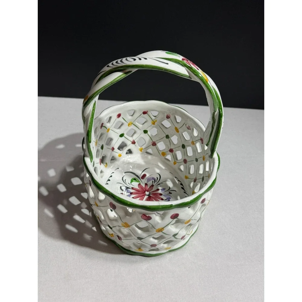 Vintage Hand Painted Portugal Ceramic Reticulated Lattice Floral Basket 406D